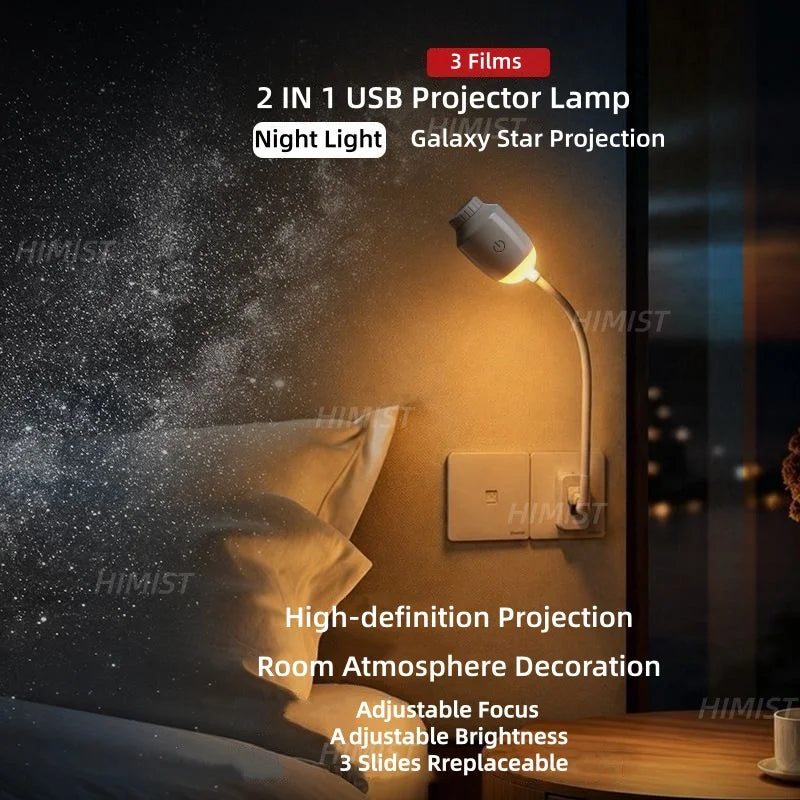 2-in-1 Mini Galaxy Star Projector Night Light Sliding Films Starry Sky Ambient Light 360° Rotate USB Background Atmosphere Light